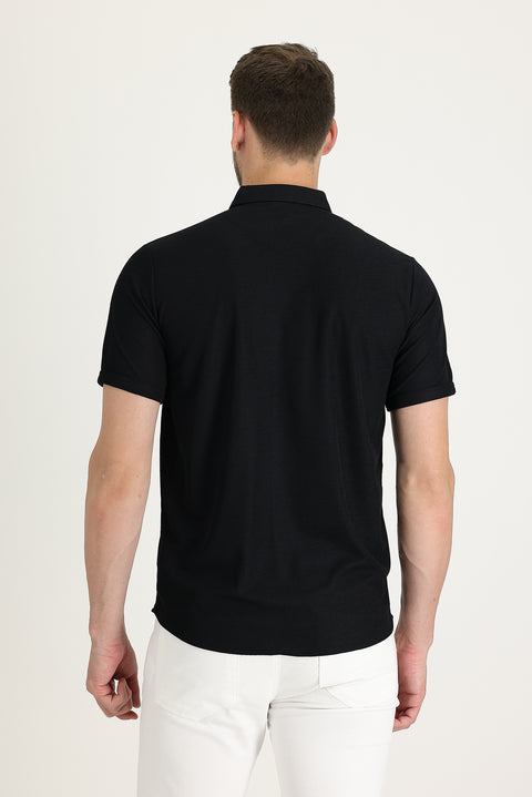 Black Polo Collar Regular Fit Button-Down T-Shirt