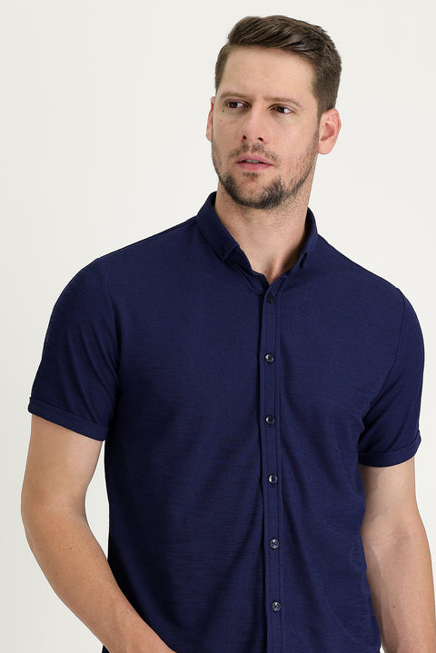 Light Navy Blue Polo Collar Regular Fit Button-Down T-Shirt