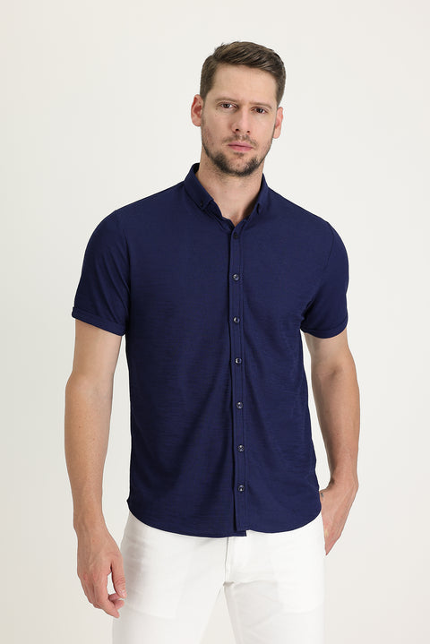 Light Navy Blue Polo Collar Regular Fit Button-Down T-Shirt