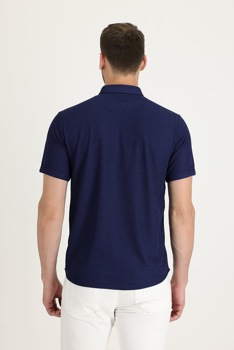 Light Navy Blue Polo Collar Regular Fit Button-Down T-Shirt
