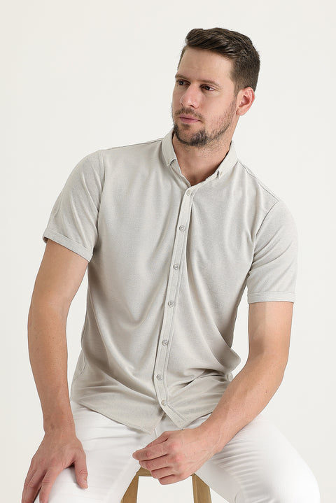 Medium Beige Polo Collar Regular Fit Button-Down T-Shirt