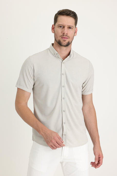 Medium Beige Polo Collar Regular Fit Button-Down T-Shirt