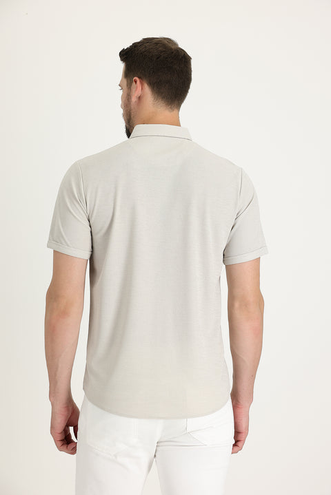 Medium Beige Polo Collar Regular Fit Button-Down T-Shirt