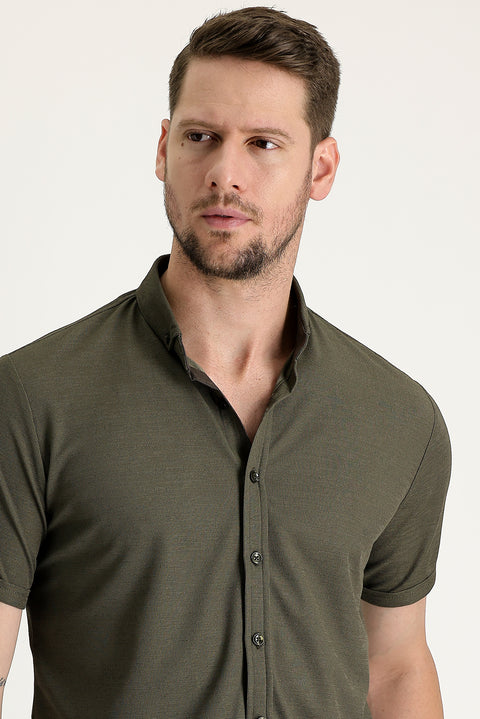Medium Khaki Polo Collar Regular Fit Button-Down T-Shirt