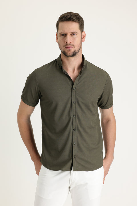 Medium Khaki Polo Collar Regular Fit Button-Down T-Shirt