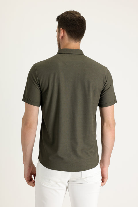 Medium Khaki Polo Collar Regular Fit Button-Down T-Shirt