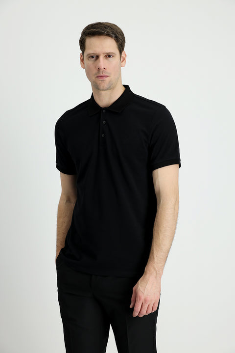 Black Polo Collar Slim Fit Embroidered Cotton T-Shirt
