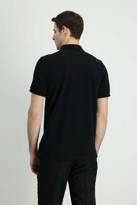 Black Polo Collar Slim Fit Embroidered Cotton T-Shirt