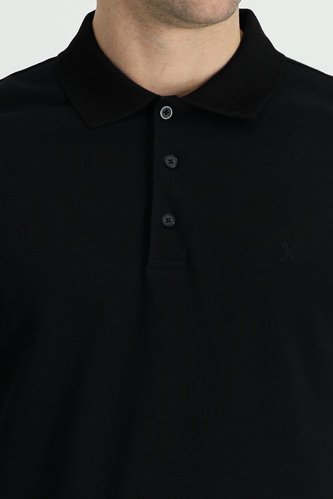 Black Polo Collar Slim Fit Embroidered Cotton T-Shirt