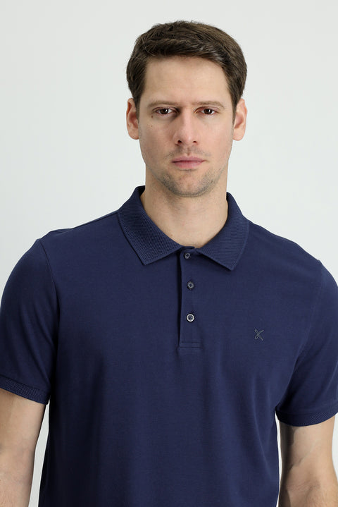 Dark Navy Polo Collar Slim Fit Embroidered Cotton T-Shirt