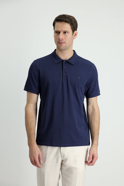 Dark Navy Polo Collar Slim Fit Embroidered Cotton T-Shirt