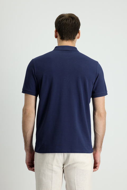 Dark Navy Polo Collar Slim Fit Embroidered Cotton T-Shirt