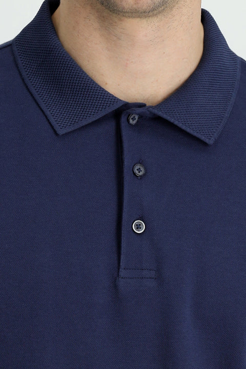 Dark Navy Polo Collar Slim Fit Embroidered Cotton T-Shirt