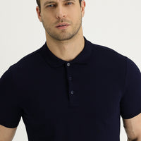 Black and Navy Blue Polo Collar Slim Fit Embroidered Cotton T-Shirt