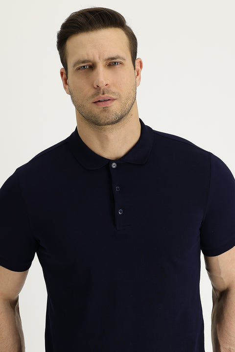 Black and Navy Blue Polo Collar Slim Fit Embroidered Cotton T-Shirt