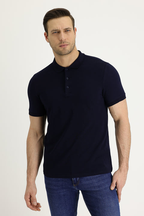 Black and Navy Blue Polo Collar Slim Fit Embroidered Cotton T-Shirt