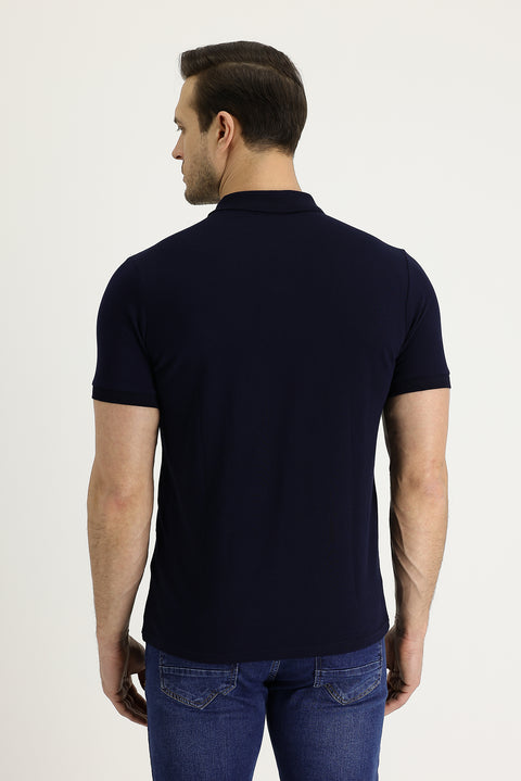 Black and Navy Blue Polo Collar Slim Fit Embroidered Cotton T-Shirt