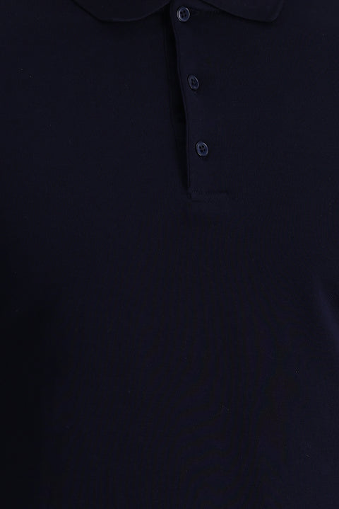 Black and Navy Blue Polo Collar Slim Fit Embroidered Cotton T-Shirt