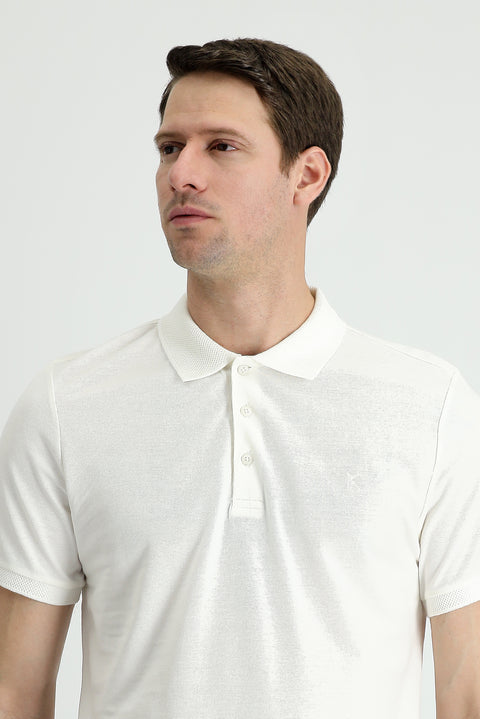 White Polo Collar Slim Fit Embroidered Cotton T-Shirt