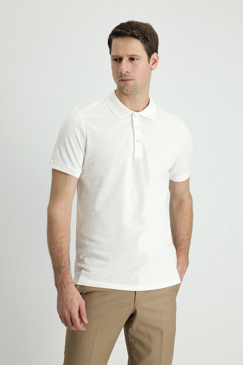 White Polo Collar Slim Fit Embroidered Cotton T-Shirt