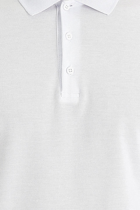 White Polo Collar Slim Fit Embroidered Cotton T-Shirt