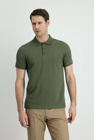  Orta Haki Polo Yaka Slim Fit Dar Kesim Nakışlı Pamuk Tişört