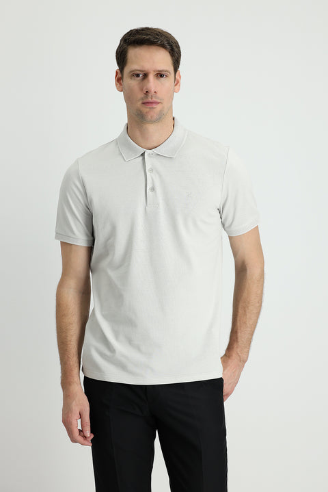 Stone Embroidered Cotton T-Shirt with Polo Collar and Slim Fit