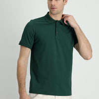 Dark Green Polo Collar Slim Fit Embroidered Cotton T-Shirt