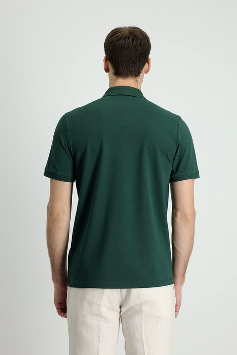 Dark Green Polo Collar Slim Fit Embroidered Cotton T-Shirt