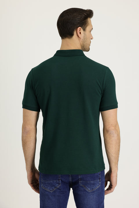 Dark Green Polo Collar Slim Fit Embroidered Cotton T-Shirt