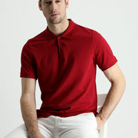 Dark Red Polo Collar Slim Fit Embroidered Cotton T-Shirt