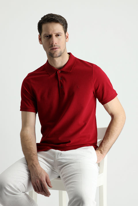 Dark Red Polo Collar Slim Fit Embroidered Cotton T-Shirt