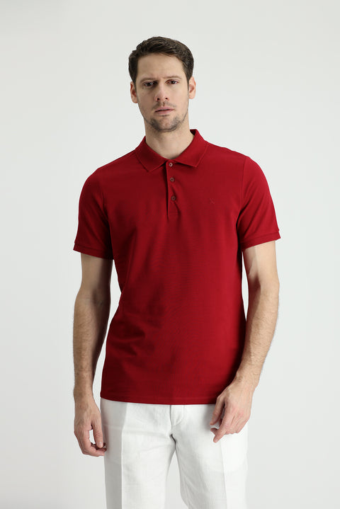Dark Red Polo Collar Slim Fit Embroidered Cotton T-Shirt