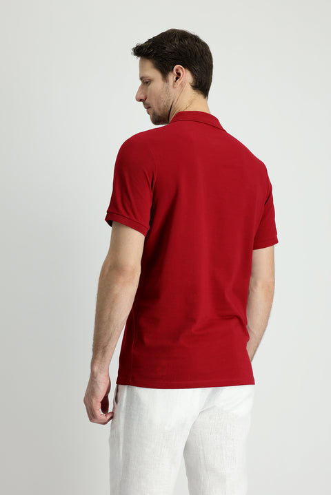 Dark Red Polo Collar Slim Fit Embroidered Cotton T-Shirt