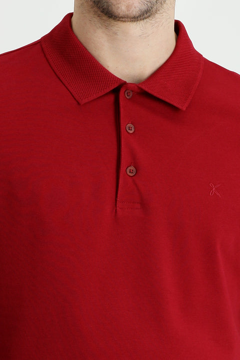 Dark Red Polo Collar Slim Fit Embroidered Cotton T-Shirt