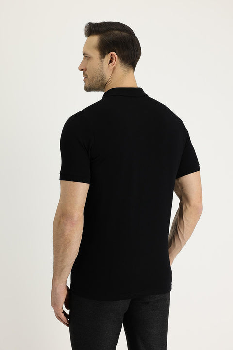 Black Polo Collar Slim Fit Embroidered Cotton T-Shirt