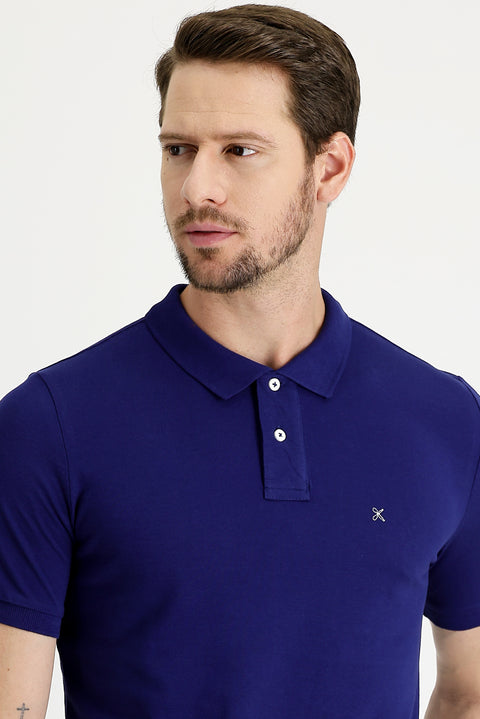 Medium Navy Polo Collar Slim Fit Narrow Cut Embroidered Cotton T-Shirt