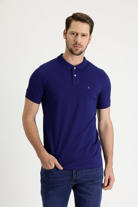 Medium Navy Polo Collar Slim Fit Narrow Cut Embroidered Cotton T-Shirt