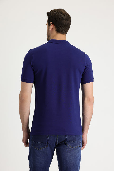 Medium Navy Polo Collar Slim Fit Narrow Cut Embroidered Cotton T-Shirt