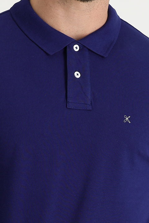 Medium Navy Polo Collar Slim Fit Narrow Cut Embroidered Cotton T-Shirt