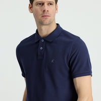 Dark Navy Polo Collar Slim Fit Embroidered Cotton T-Shirt