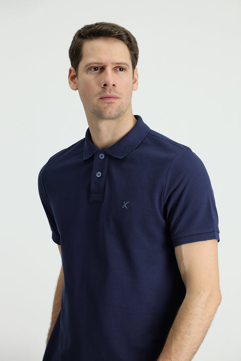 Dark Navy Polo Collar Slim Fit Embroidered Cotton T-Shirt