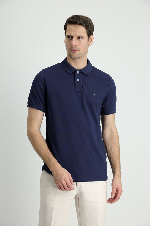 Dark Navy Polo Collar Slim Fit Embroidered Cotton T-Shirt