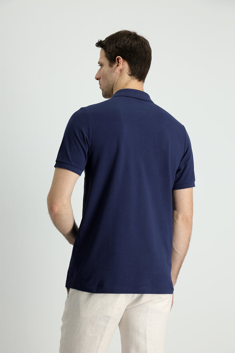 Dark Navy Polo Collar Slim Fit Embroidered Cotton T-Shirt