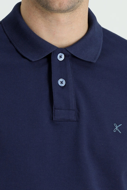 Dark Navy Polo Collar Slim Fit Embroidered Cotton T-Shirt