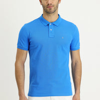 Aqua Blue Polo Collar Slim Fit Narrow Cut Embroidered Cotton T-Shirt