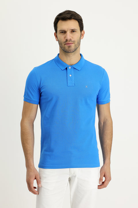Aqua Blue Polo Collar Slim Fit Narrow Cut Embroidered Cotton T-Shirt
