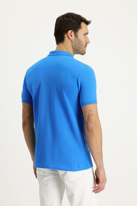 Aqua Blue Polo Collar Slim Fit Narrow Cut Embroidered Cotton T-Shirt