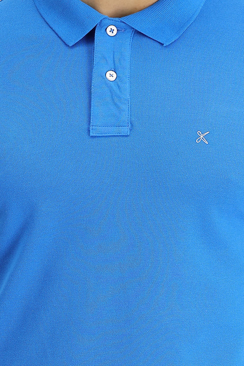 Aqua Blue Polo Collar Slim Fit Narrow Cut Embroidered Cotton T-Shirt