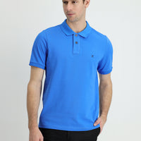 Indigo Blue Polo Collar Slim Fit Embroidered Cotton T-Shirt